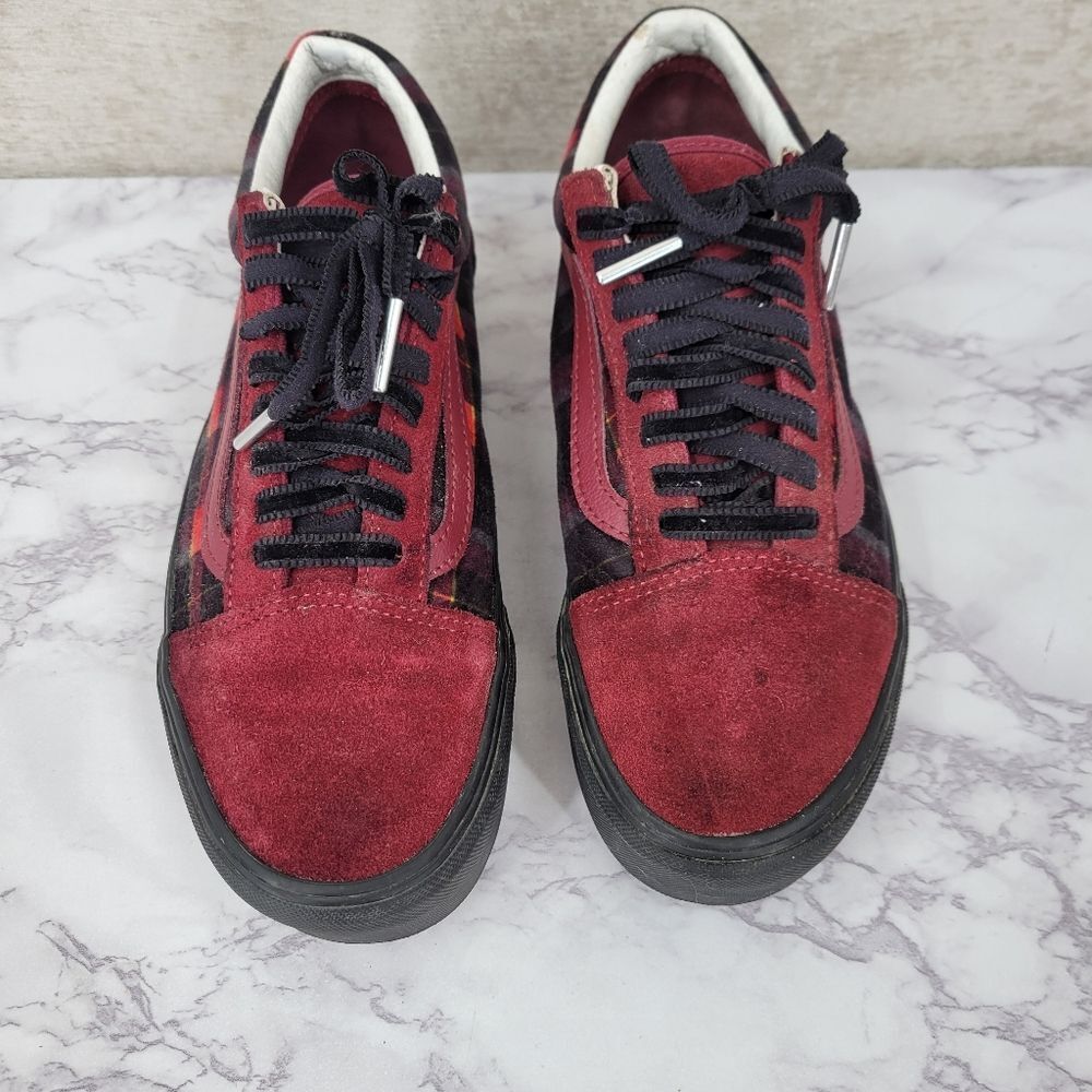 VANS Old Skool Stackform Shoes Red Suede Red & Black Plaid Platform Sneakers - Picture 2 of 13